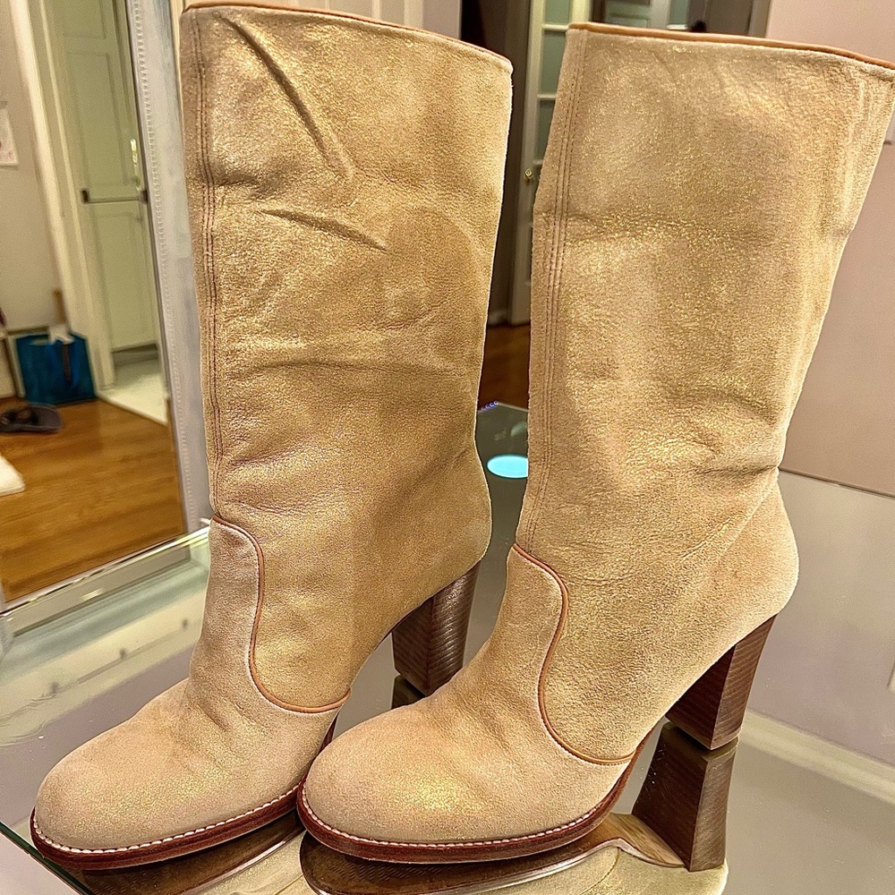Kenneth Kole of New York mid calf leather gold boots